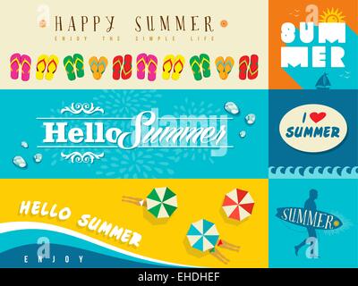 Set di design piatto banner per il periodo estivo e di vacanza. Ideale per il biglietto di auguri, stampare il poster e il sito web. EPS10 file vettoriale. Illustrazione Vettoriale