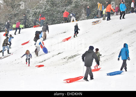 Persone in slittino Cherry Hill Park a Ely a seguito di una forte nevicata Foto Stock