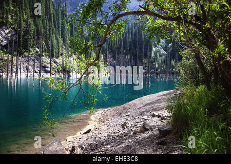 Pioggia nella luce del sole su un lago di montagna Foto Stock