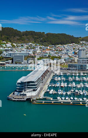 Crivelli superiori Marina e Clyde Quay Wharf appartamenti di lusso, Porto di Wellington, Wellington, Isola del nord, Nuova Zelanda - aerial Foto Stock