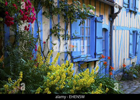 Case in fiore, Gerberoy, Piccardia, Francia Foto Stock