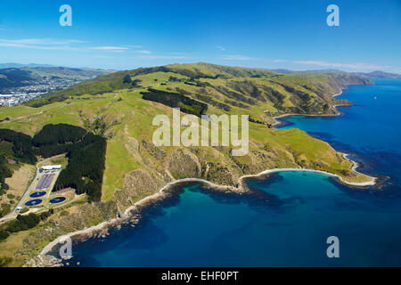 Punto Verde e Tirau Bay, vicino Titahi Bay, Porirua, Regione di Wellington, Isola del nord, Nuova Zelanda - aerial Foto Stock