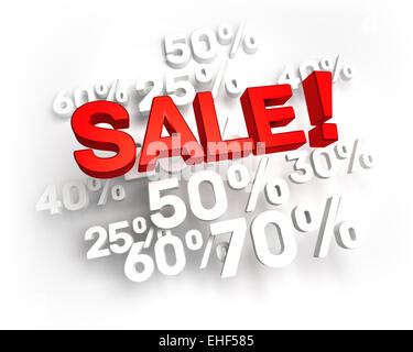 Percentuale di vendita. 3D Rosso vendita lettere su bianco numeri percentuale, isolato su bianco Foto Stock