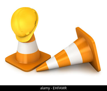 Due roadcones e casco giallo Foto Stock