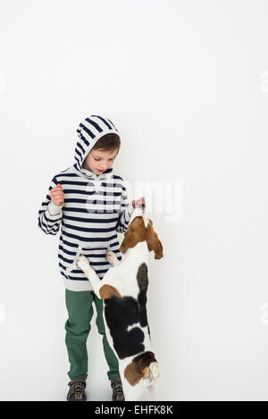 Ragazzo formazione obbedienza al suo cane beagle Foto Stock