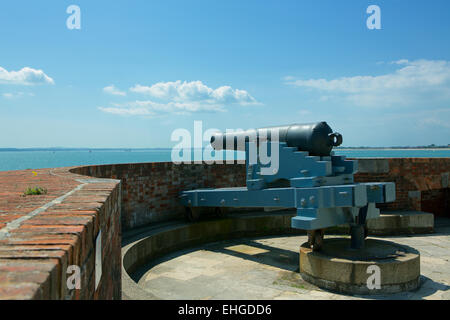 Impressionante per la difesa del mare all'entrata di Portsmouth Porto. Il vecchio cannone sulla piattaforma di legno di segnalare al mare. Foto Stock