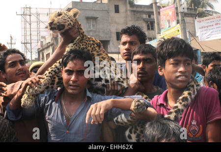 Guwahati, India del nord-est stato di Assam. 13 Mar, 2015. Coloro che portano il corpo di un leopardo di Guwahati, capitale dell India nordorientale del stato di Assam, 13 marzo 2015. Il leopard cadde in piccola grotta nei pressi di un tempio e morì prima che potesse essere salvato, secondo l'indiana Press Trust. A causa di perdita di habitat, leopardi talvolta entrare in aree popolate in cerca di cibo. Credito: Stringer/Xinhua/Alamy Live News Foto Stock