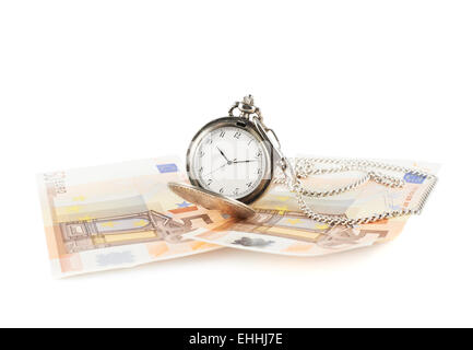 Il vecchio orologio da tasca oltre le banconote Foto Stock
