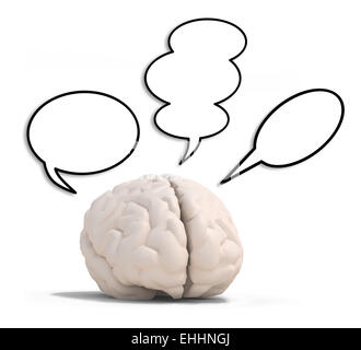 Cervello umano con tre discorso ballons, isolato su bianco 3d illustrazione Foto Stock
