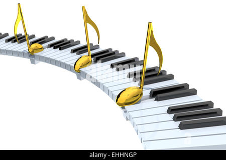 Tastiera di pianoforte abstract con golden note musicali, isolato su bianco 3d illustrazione Foto Stock