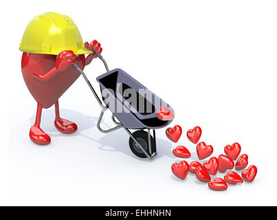 Cuore con le braccia, le gambe e workhelmet porta una carriola con cuori, 3d illustrazione Foto Stock