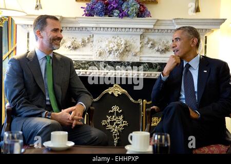 Il Presidente Usa Barack Obama incontra con il re Filippo VI di Spagna presso il Waldorf Astoria Hotel 23 Settembre 2014 a New York, N.Y. Foto Stock