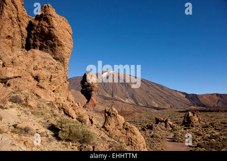 Formazione di roccia Roques de Garcia e il monte Pico del Teide, Parco Nazionale di Teide Tenerife, Isole Canarie, Spagna, Europa Foto Stock