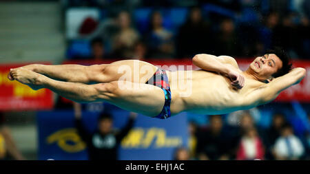 Pechino, Cina. Xiv Mar, 2015. Egli Chong della Cina compete durante Uomini 3m Springboard Finale il giorno 2 di Fina/cnv Diving World Series 2015 in National Aquatics Centre come noto come il Water Cube di Pechino, 14 marzo, 2015. Egli Chong rivendicato la piastrella con 551.50 punti. Credito: Wang Lili/Xinhua/Alamy Live News Foto Stock