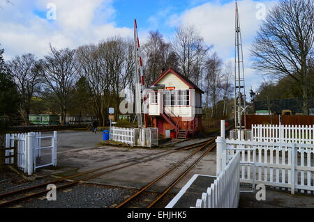 Signalbox sulla South Tynedale treno alla stazione di Alston. Foto Stock