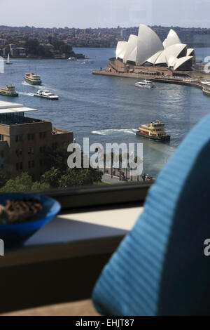 Sydney Opera House vista da una camera per gli ospiti degli hotel di quattro stagioni, Sydney Australia Foto Stock