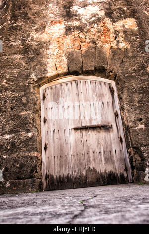 Vecchio creepy castle dungeon porta e parete Foto Stock