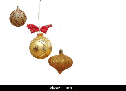 Tre diversi bellissimi golden baubles di natale Foto Stock