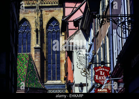 St Martin's church, rue Merciere. Colmar, Haut-Rhin. L'Alsazia. Francia Foto Stock