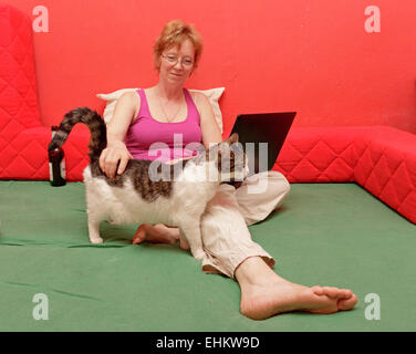 Donna con notebook seduta sul suo letto e il suo gatto accanto a lei Foto Stock