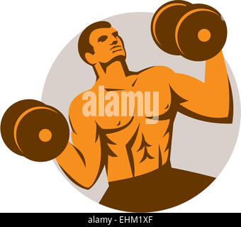 Illustrazione di un atleta crossfit muscolo-up uomo forte sollevamento pesi cercando rivolto verso la parte anteriore impostato all'interno del cerchio fatto in stile retrò su sfondo isolato. Foto Stock