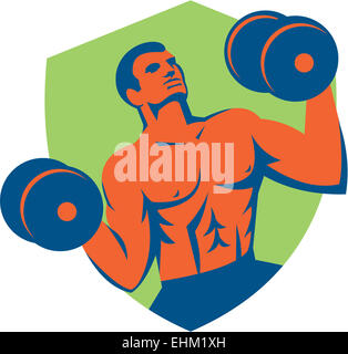 Illustrazione di un atleta crossfit muscolo-up uomo forte sollevamento pesi cercando rivolto verso la parte anteriore insieme all'interno della protezione crest fatto in stile retrò su sfondo isolato. Foto Stock