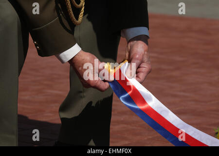 Ceca veterano di guerra. Celebrazione della Giornata della vittoria alla guerra sovietica Memorial presso il Cimitero di Olsany a Praga, Repubblica Ceca. Foto Stock