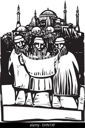 Xilografia style tre architetti musulmani guardano su piani di costruzione di una moschea. Illustrazione Vettoriale