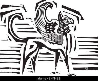 Xilografia stile di immagine mitologica griffin alato Illustrazione Vettoriale