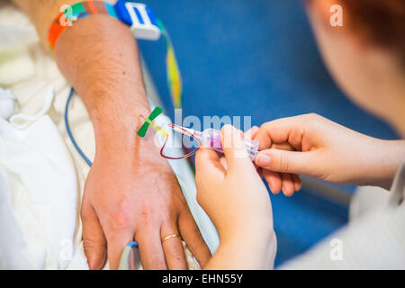 L'infermiera tenendo il campione di sangue da un paziente. Foto Stock
