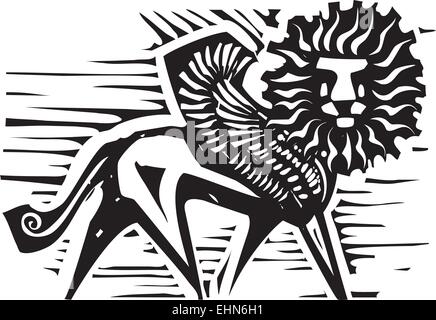 Xilografia stile di immagine mitologica persiano leone alato Illustrazione Vettoriale