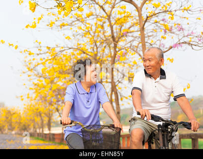 Felice asian coppia senior giro in bicicletta nel parco Foto Stock