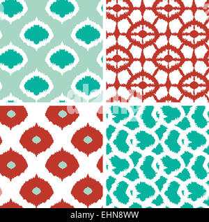 Set di verde e rosso geometrica ikat mostrando i modelli senza giunture sfondi Foto Stock