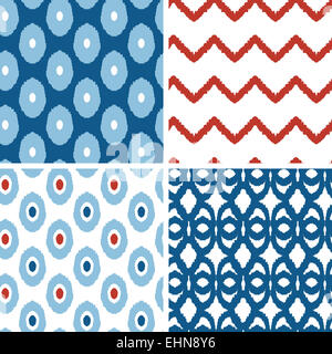 Set di blu e rosso geometrica ikat mostrando i modelli senza giunture sfondi Foto Stock