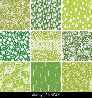 Set di nove ecologici i modelli senza giunture sfondi Foto Stock
