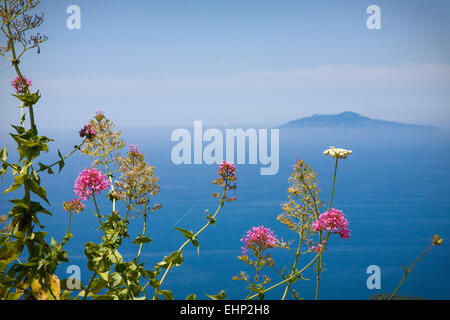 Splendide vedute del Vesuvio dalla sommità del Monte Solaro, Capri, Baia di Napoli, Italia Foto Stock