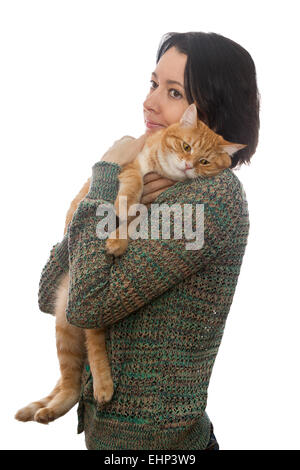 Donna e orange cat, isolato su sfondo bianco Foto Stock