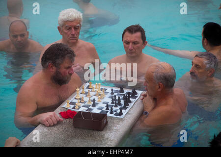 Gli uomini che giocano a scacchi in Szechenyi bagni termali, Budapest, Ungheria Foto Stock