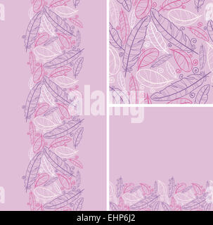 Set di piume viola modello senza cuciture e bordi Foto Stock