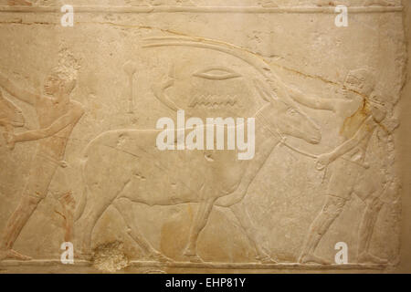 Gli schiavi egiziani e antilopi. Statua egizia dal Vecchio Regno in mostra al Museo del Louvre a Parigi, Francia. Foto Stock