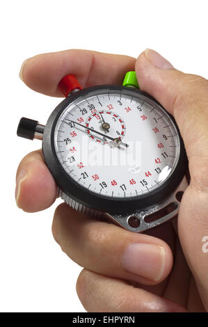 Orologio stopp in mano isolato su bianco Foto Stock