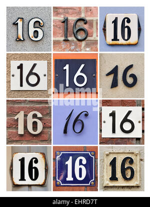 Numero 16 - Collage di numeri per casa sedici Foto Stock