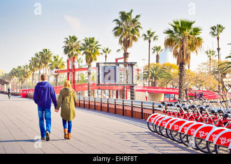 Promenade, Moll de la Fusta, Port Vell di Barcellona, in Catalogna, Spagna, Europa Foto Stock