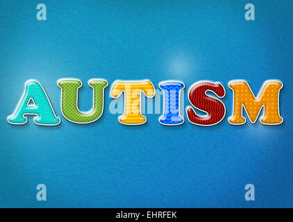 La parola autismo scritto in vivaci colori e motivi. Foto Stock