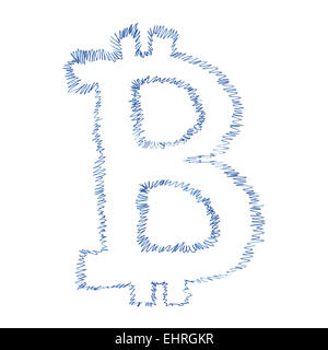 Simbolo Bitcoin grafia, semplice disegno di un digitale cryptocurrency decentralizzata, lettera b su sfondo bianco. Foto Stock