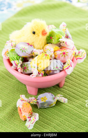 A molla giallo pulcino di pasqua in una ciotola rosa di candy Foto Stock