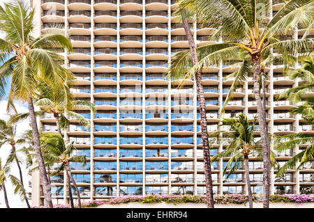 Honolulu, HI, Stati Uniti d'America - 7 Settembre 2013: facciata di Waikiki hotel con le palme a Honolulu, Hawaii. Waikiki Hawaii è il più famoso t Foto Stock
