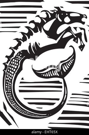 Xilografia stile di immagine mitologica greca seahorse hippocampus. Illustrazione Vettoriale
