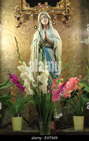 Vergine Maria statua con fiori in nicchia Foto Stock