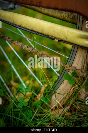 Il Rusty la catena e la ruota di una bicicletta abbandonata Foto Stock